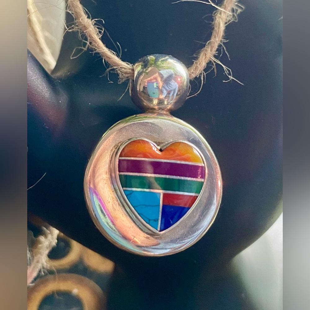 Southwest Mexico Sterling Silver Multi Stone Heart Pendant